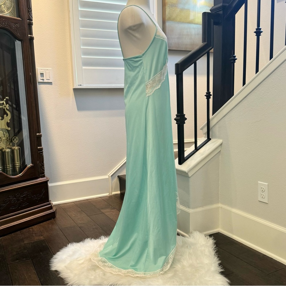 Vintage Undercover Wear 80s Silky Satin Pastel Green Lace Maxi Gown Slip Dress - Picture 9 of 10